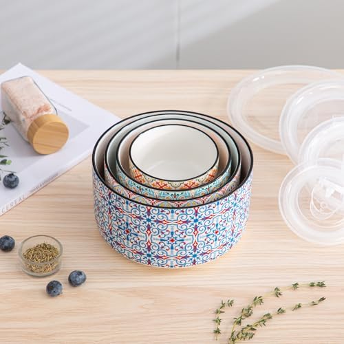 Ceramic Nesting Bowl Set with Lids, Microwave Safe, Set of 4