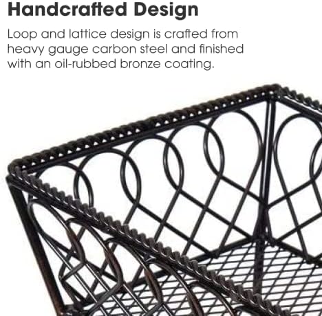 Gourmet Basics by Mikasa Loop and Lattice 2-Tier Rectangular Metal Countertop Basket, 14.25 x 12 Inches, Antique Black Finish, Kitchen Fruit and Bread Storage Organizer