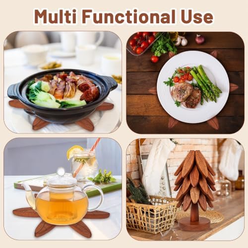 Wooden Trivet Set with Stand, 5 Pcs Tree Leaf Anti‐Slip Pattern Hot