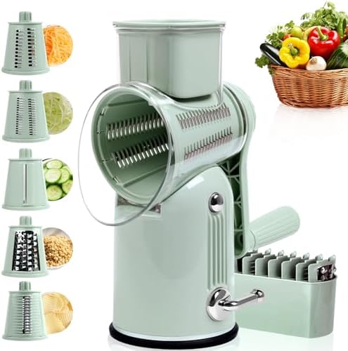 Rotary Cheese Grater with Handle, 5 Replaceable Blades, Green