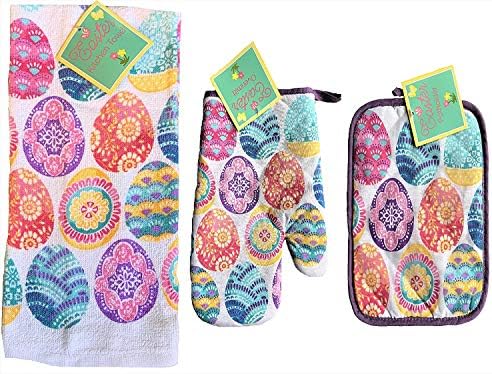Easter 3 Piece Egg Pastel Kitchen Towel Set with Matching Oven Mitt