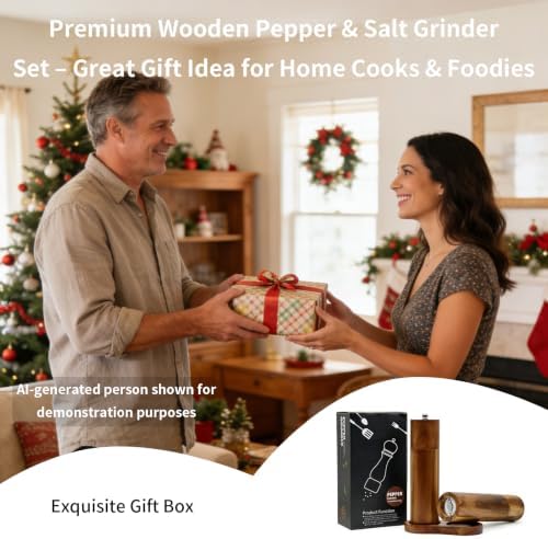 8 Inch Acacia Wooden Salt and Pepper Grinder Set, Refillable