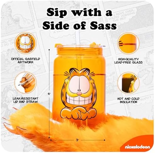 Dragon Glassware x Garfield Glass Cups with Straws & Lids, 16 oz Set