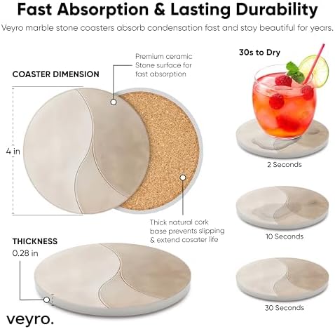 VEYRO Absorbent Ceramic Stone Drink Coasters Set of 6 with Holder