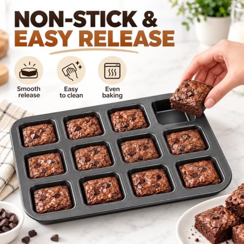 3 Pcs 12-Cavity Brownie Pan with Dividers, Black, 14" × 10.5" × 1.2"