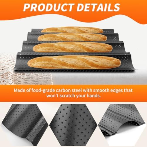 4 Slot Baguette Baking Pan Set, French Bread Pan with Dough Scraper
