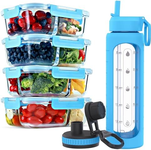 Glass Meal Prep Containers, 4-Pack, Blue & 32 oz Glass Water Bottle