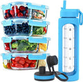 Glass Meal Prep Containers, 4-Pack, Blue & 32 oz Glass Water Bottle