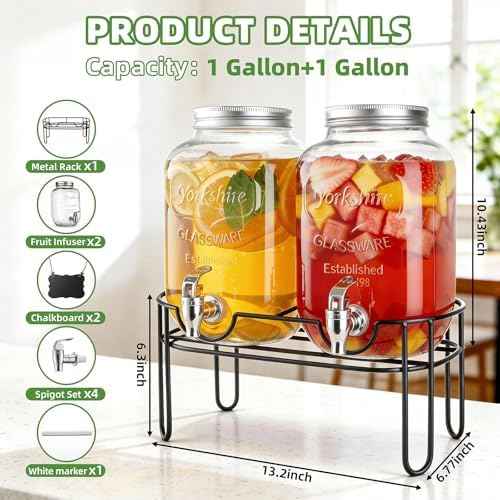 1 Gallon Glass Drink Dispensers For Parties, 2 Pack Beverage