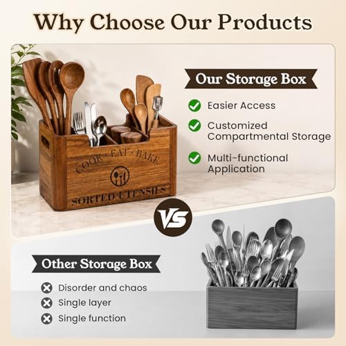 Upgraded Large 4-Compartment Acacia Wood Kitchen Utensil Holder