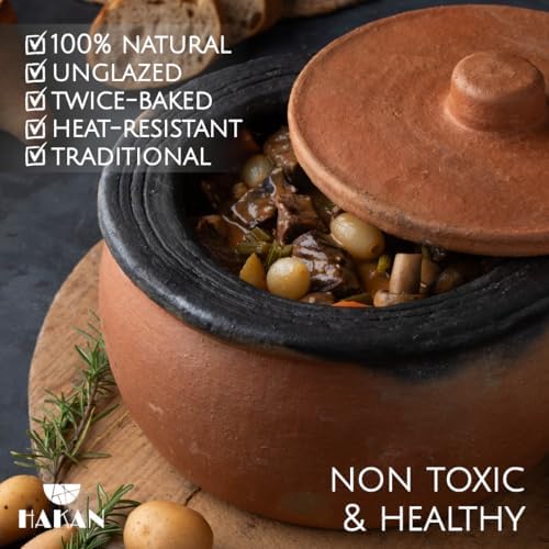 Hakan Efes Clay Cooking Pot with Lid, MIDI 2.9 Quarts Clay Pots for