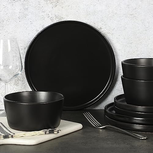 Gibson Home Bowery 32 Piece Matte Black Stoneware Dinnerware Plates, Bowls, and Mugs Set - Service for 8