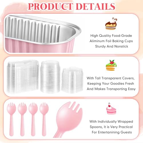 150 Set Pink Mini Cake Pans with Lids, 6.8oz & 5oz Aluminum Foil