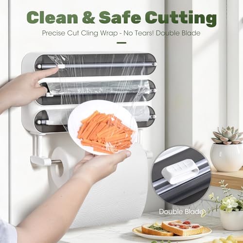 Aluminum Foil & Plastic Wrap Dispenser with Cutter - Magnetic & No-Drill Wall Mount, Cling Film Dispenser with Paper Towel Holder, Space-Saving 4-in-1 Kitchen Organizer - Fits 12" Roll, Black