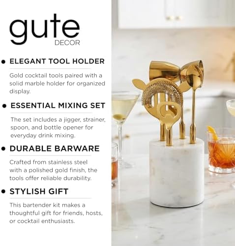 5-Piece Gold & Marble Bartender Kit with Stand, Stainless Steel Bar