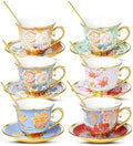 Tea Cups and Saucers, Tea Cup Set of 6, 8 OZ Floral Cups Porcelain Cup