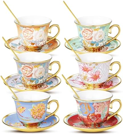 Tea Cups and Saucers, Tea Cup Set of 6, 8 OZ Floral Cups Porcelain Cup