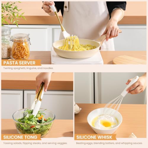 7 Pcs Silicone Spatula Cooking Utensils Set, White Gold