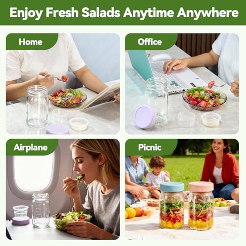 4 Pack 32oz Glass Salad Mason Jar with Dressing Cup Lid Meal Prep for