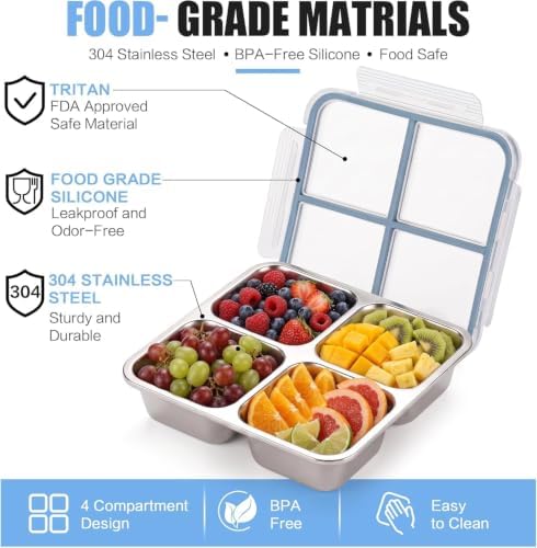 PUNOMO 4 Pack Stainless Steel Snack Containers with 4 Salad Dressing