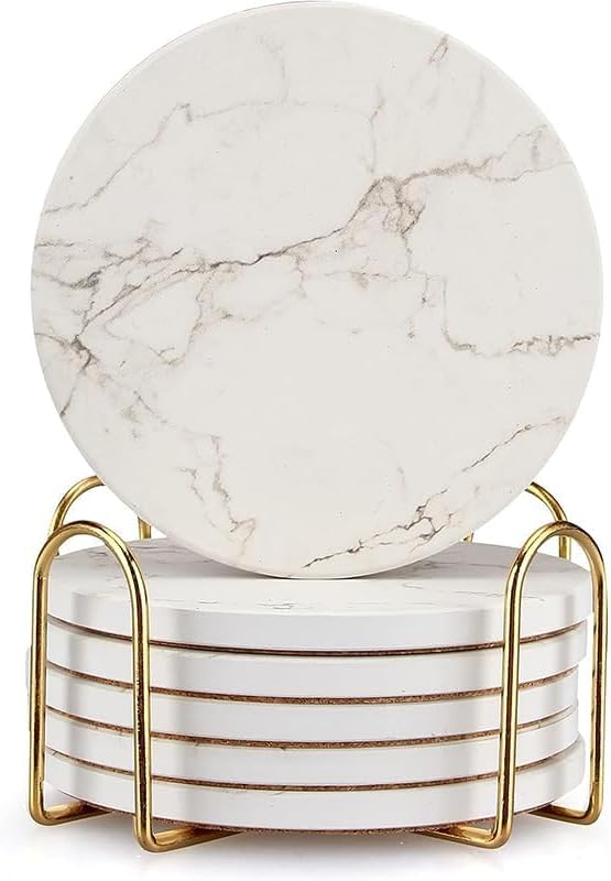 White Marble Coasters Set of 6 Absorbent Ceramic Cute Drink Coaster