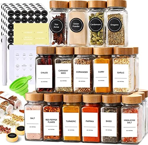 24-Piece Spice Jars Set by Le'raze: Glass Jars with Bamboo Lids