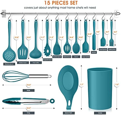 E-far Teal Blue 15-Piece Silicone Cooking Utensil Set