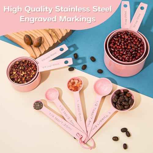 Measuring Cups and Spoons Set of 9, Stainless Steel Measuring cup for Cooking and Baking, Measuring spoons for Dry and Liquid Ingredients (Pink)