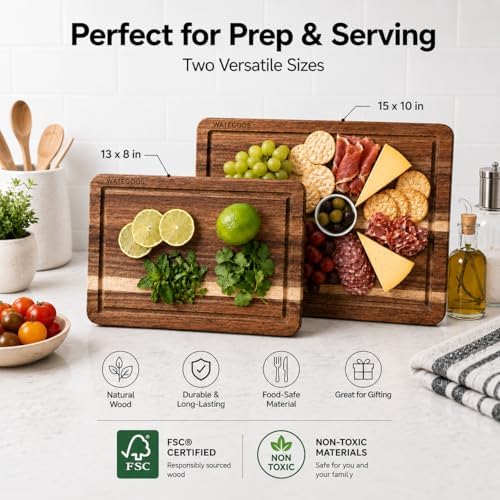 Acacia Wood Cutting Boards for Kitchen, Non-Toxic Cutting Board Set of