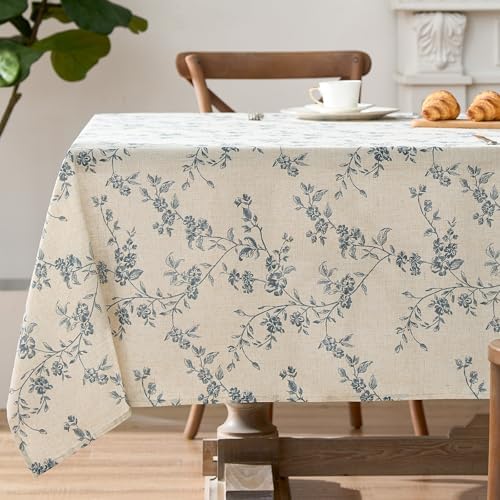 jinchan Blue Farmhouse Floral Linen Rectangle Table Cloth 52 x 70 Inch