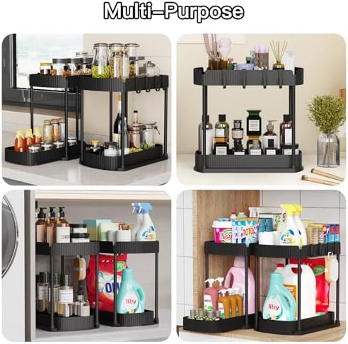2 Packs Under Sink Pull-Out Storage Organizers, 12.8 Inches, Black