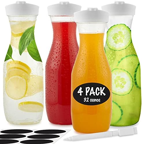 Plastic Juice Carafe with Lids (Set of 4) 32 oz Carafes for Mimosa