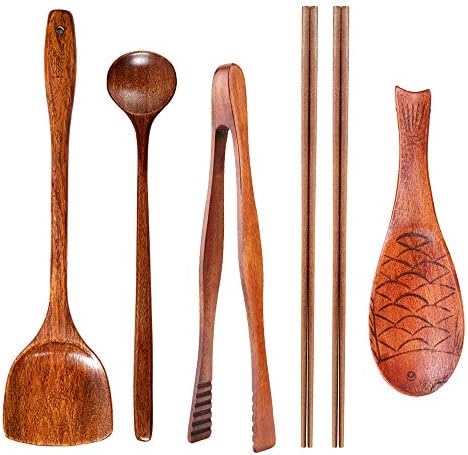 FJNATINH Wok Utensils Wooden Cooking Utensils Tools 6 PCS Wooden