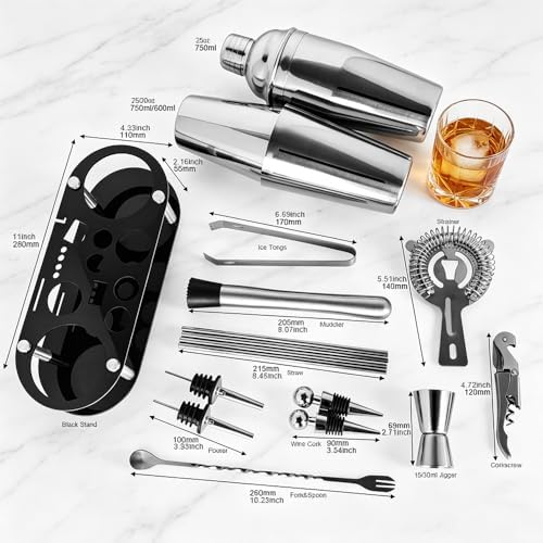 17Pcs Cocktail Shaker Set 750ml, 750/600ml Bartending Kit 25oz