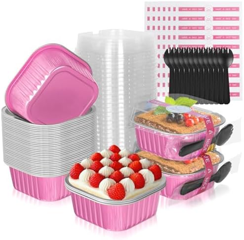 40 Pack 10oz Mini Cake Pans with Lids,Pink Aluminum Foil Cake Tins