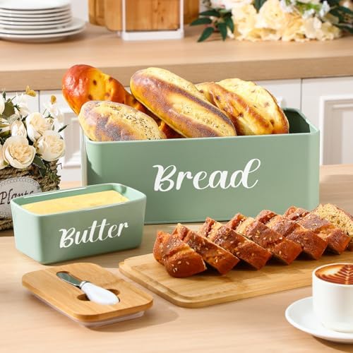 Hushee Metal Bread Box Butter Dish with Bamboo Cutting Board, Sage