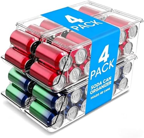 4 Pack Soda Can Organizer, Clear Refrigerator Organizer with Lids