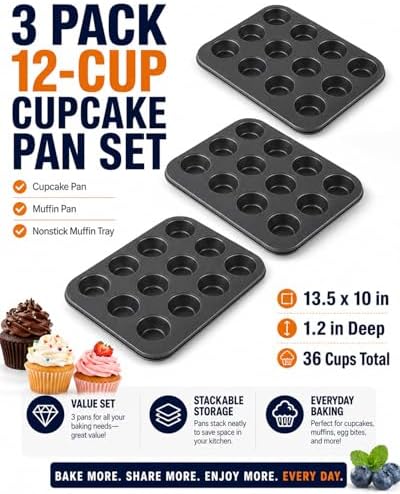 Cupcake Pan, 3 Pack 12-Cup Cupcake Tray Cupcake Tins Muffin Tins
