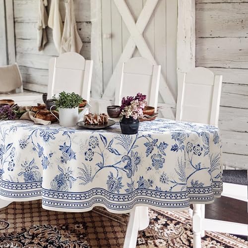 Blue Floral Oval Tablecloth 60x84 Inch, Blue and White French Country
