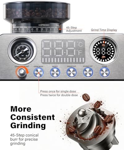 SHARDOR 20 Bar Espresso Machine with Built-In Grinder, Stainless Steel
