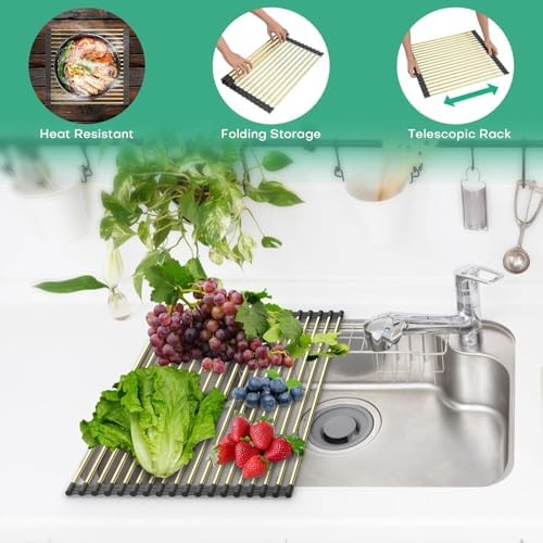 Large Expandable Roll-Up Dish Drying Rack, Gold