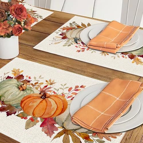 RABUSOFA Orange Pumpkins Leaves Fall Placemats Set of 4