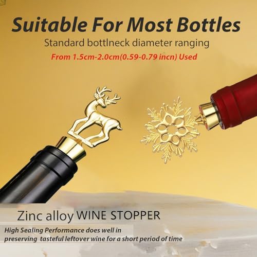 Christmas Wine Stoppers With Wine Charms Set of 8, Gold Wine Bottle