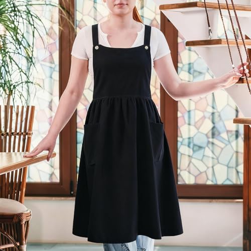 Apron for Women Cotton Linen with Large Pockets Floral No Waist Tie