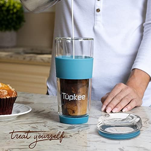 Double Wall Glass Tumbler, 14-Ounce Glass Travel Coffee Mug with Lid