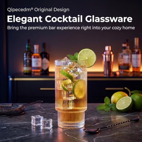 Qipecedm® 6 Pack Ribbed Drinking Glasses, 16 oz Vintage Glass Cups