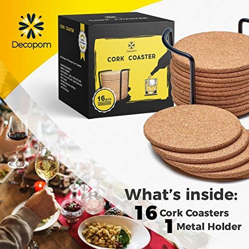 Cork Coasters for Drinks with Metal Holder - 16 Pcs Round 4 inch Drink
