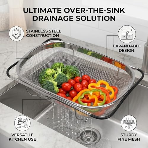 ASHATA Expandable Over Sink Colander, Large Stainless Steel Oval