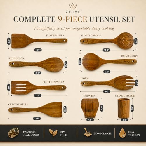 9-Piece Natural Teak Wooden Utensil Set with Spoon Rest