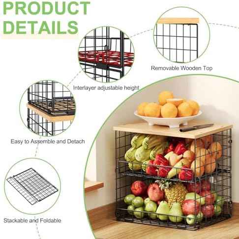 4 Pack Stackable Wire Pantry Baskets with Wooden Tops